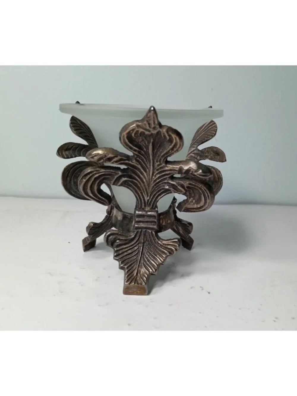 Bronze Frosted Glass Fleur de Lis Vase Candle Holder Footed French Country